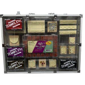 58-Piece Mini Stamps & Pigment Ink Pad Set In Aluminum plastic Case READ